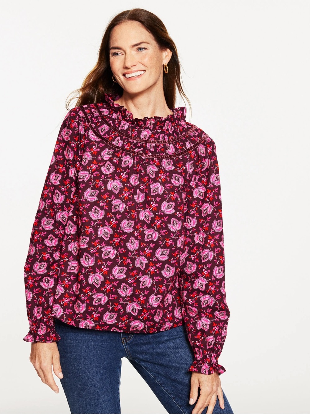 NWT Talbots Velvet Trim Smocked Top XL Luminous Floral Burgundy Pink Cotton